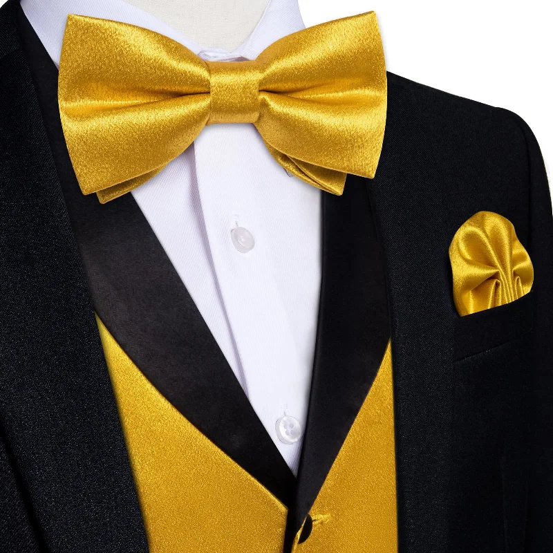 Classic men's tie for the holiday season-DiBanGu Tuxedo Vest Urobilin Yellow Solid Silk Mens Button Vest and Bow Tie Set