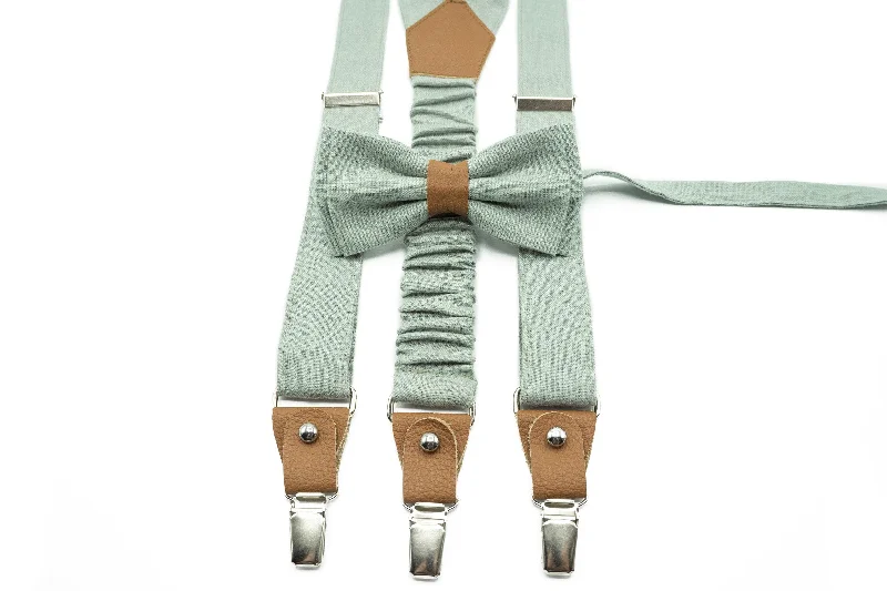 Men's tie with unique diamond print-Dusty Sage Green Groomsmen Set: Wedding Suspenders, Bow Ties & Pocket Squares