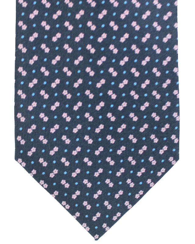 Men's tie with soft wool fabric-E. Marinella Tie Dark Blue Pink Mini Flowers SALE