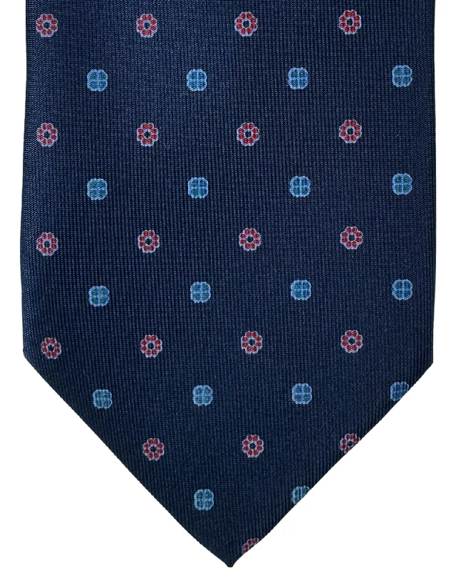 Stylish men's tie with stripes for work-E. Marinella Tie Dark Blue Red Mini Floral Design