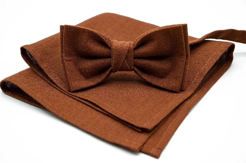 Men's tie with thin stripes for office wear-Elegant Terracotta Linen Bow Tie - Classic Accessory for Men and Boys - Matching Pocket Square Available Separately