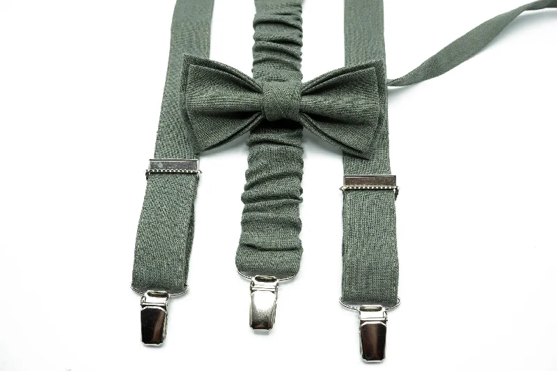 Men's tie with floral embroidery for weddings-Eucalyptus Bow Tie & Suspender Set - Dark Green Groomsman Bowtie - Perfect for Wedding, For Men and Boys