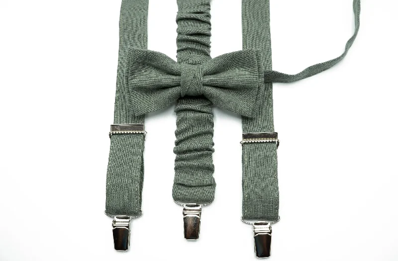 Luxury men's tie with fine fabric-Eucalyptus Bow Tie and Suspender Set - Sage Green Groomsmen Bow Tie - Ideal for Weddings, For Men and Boys