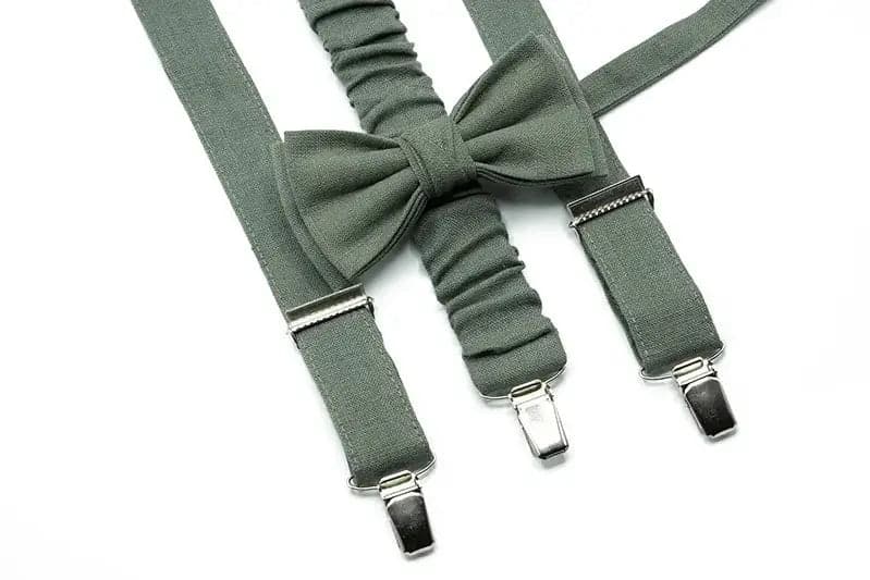 Designer men's tie with elegant design-Eucalyptus Groomsman Bowtie & Suspender Set - Sage Green Bow Tie and Suspenders for Men and Boys, Ideal for Weddings