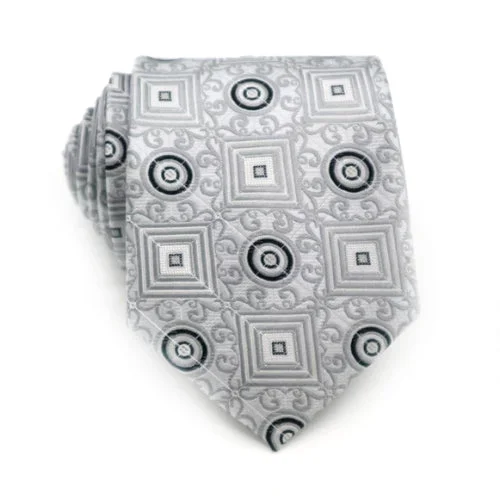 Men's tie with geometric shapes for parties-Classy Men Geometric Silver White Silk Tie