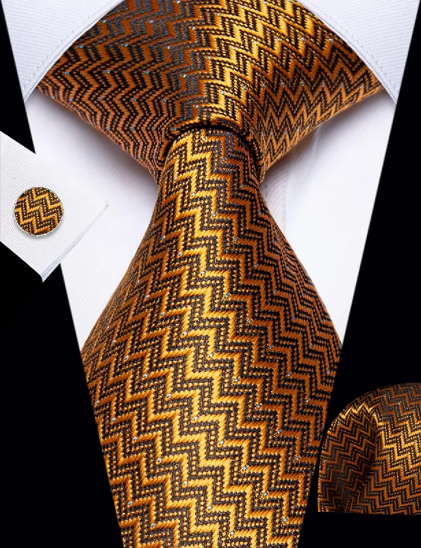 Men's tie with fine pinstripes-YourTies Gold Black Novelty Woven Men's Necktie Pocket Square Cufflinks Set