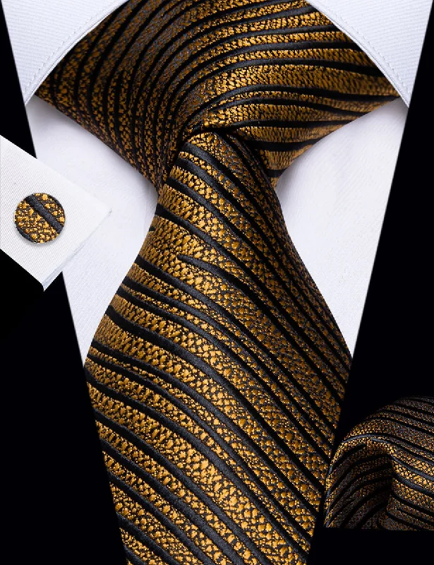 Men's tie with contrasting diagonal stripes-YourTies Gold Black Striped Men's Necktie Pocket Square Cufflinks Set