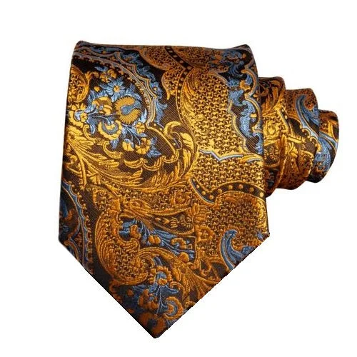 Classic silk tie for men-Classy Men Gold Blue Floral Silk Tie