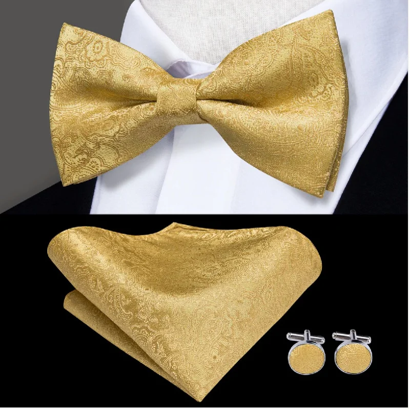 Men's tie for stylish business attire-Gold Paisley Pre-tied Bow Tie Hanky Cufflinks Pin Set- LH-0512