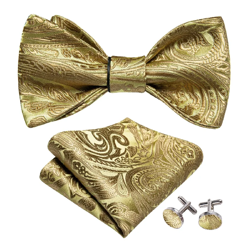 Men's tie with floral embroidery for weddings-Barry Wang Gold Paisley Self Tie Men's Bow Tie Hanky Cufflinks Set