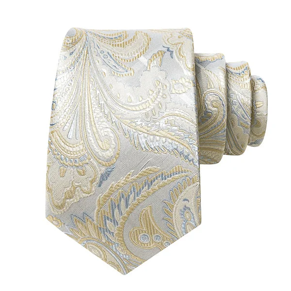 Stylish men's tie for date night-Classy Men Gold Silver Floral Paisley Silk Tie