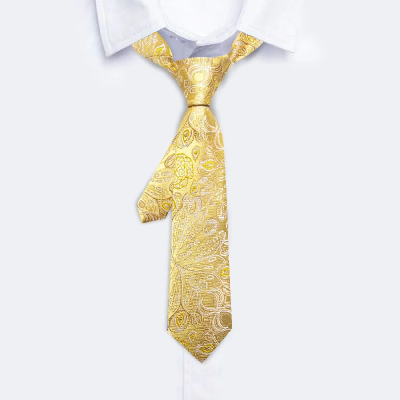 Trendy tie for young professionals-Barry Wang Boys Ties Gold White Paisley Tie Pocket Square Set For Kids