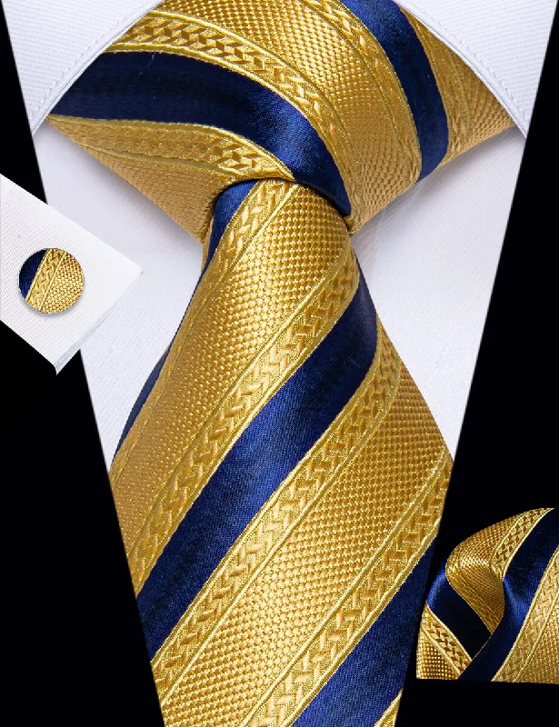 Men's tie with fine fabric for corporate events-Yourties Gold Yellow Navy Striped Necktie Pocket Square Cufflinks Set