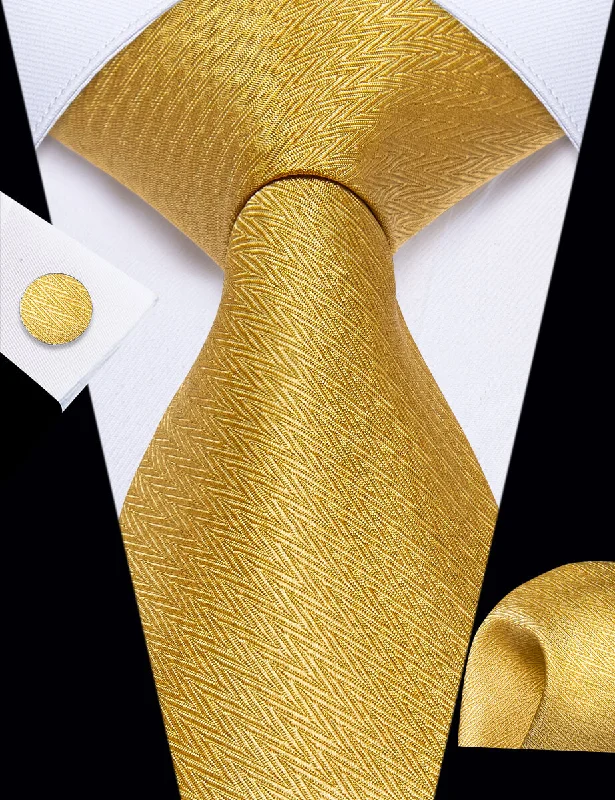 Men's silk tie for black tie occasions-YourTies Gold Yellow Novelty Woven Men's Necktie Hanky Cufflinks Set