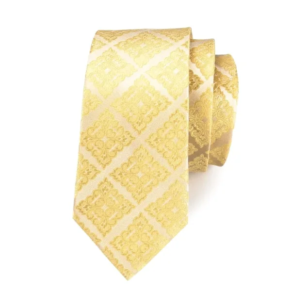 Men's tie with a subtle floral print-Classy Men Gold Yellow Square Floral Silk Tie