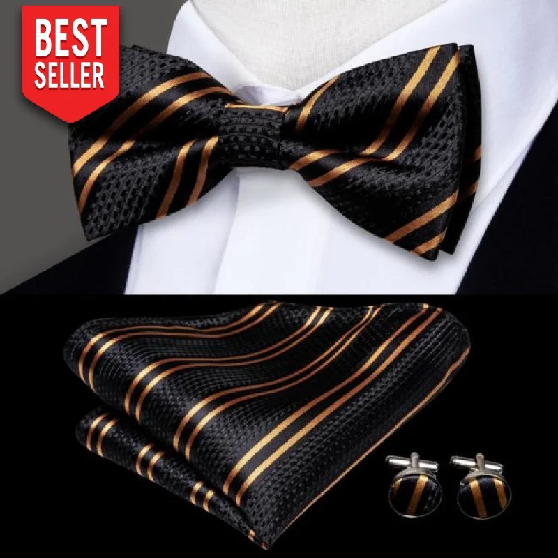 Unique men's tie with minimalistic style-Golden Black Striped Pre-tied Bow Tie Pocket Square Cufflinks Set