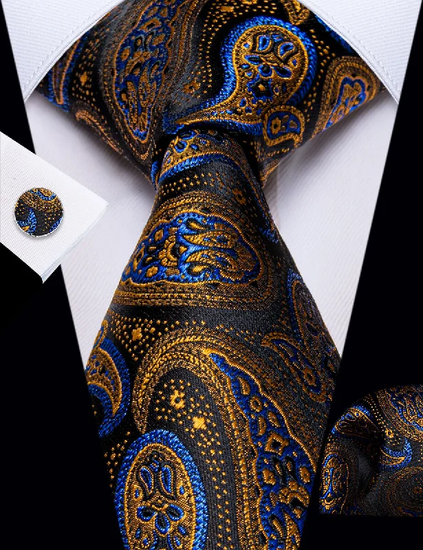 Unique silk tie for office professionals-YourTies Golden Blue Black Paisley Men's Necktie Pocket Square Cufflinks Set