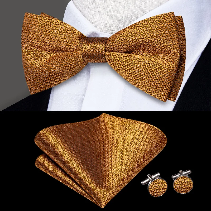 Classic black silk tie for formal events-Golden Plaid Pre-tied Bow Tie Pocket Square Cufflinks Set