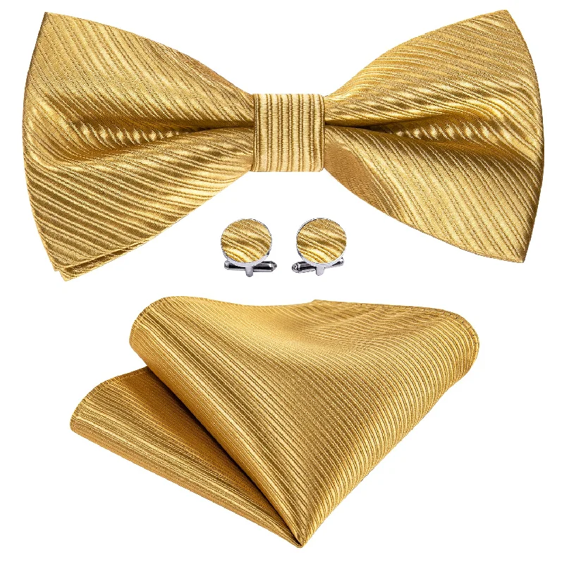 Men's tie with houndstooth pattern-Golden Striped Pre-tied Bow Tie Hanky Cufflinks Set