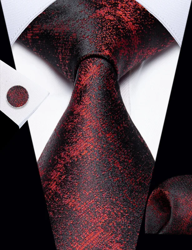 Best necktie for men's formal events-YourTies Gradient Red Black Plaid Necktie Pocket Square Cufflinks Set