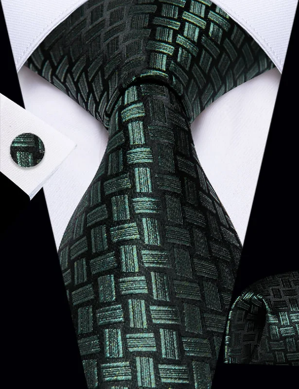 Men's tie with fine houndstooth print-YourTies Green Black Novelty Rectangle Men's Tie Hanky Cufflinks Set