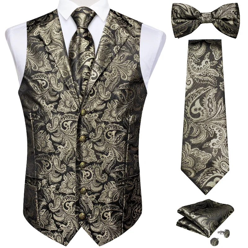 Trendy tie for young professionals-Green Floral Jacquard V Neck Vest Neck Bow Tie Handkerchief Cufflinks Set