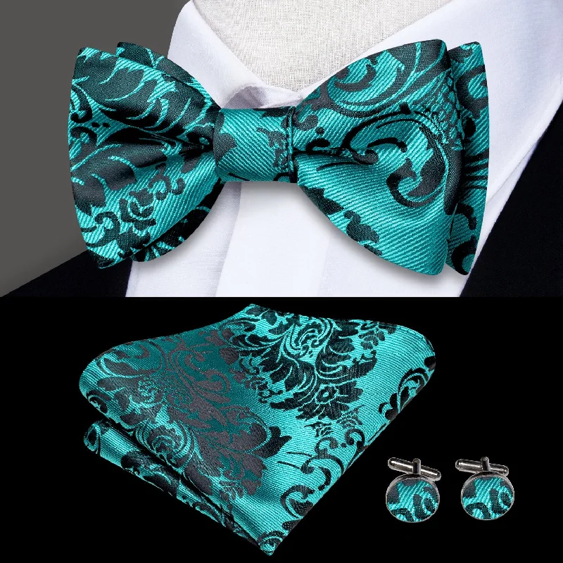 Modern men's tie with graphic print-Green Paisley Pre-tied Bow Tie Pocket Square Cufflinks Set