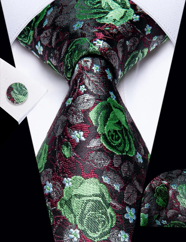 Best tie for business professionals-YourTies Green Black Floral Men's Necktie Pocket Square Cufflinks Set