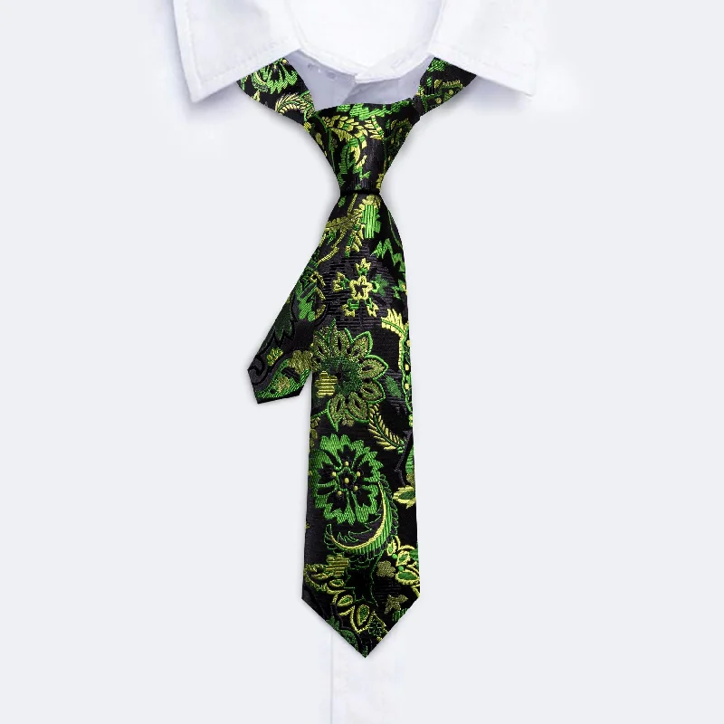 Best men's necktie for job interviews-Barry Wang Black Green Yellow Paisley Tie Pocket Square Set For Kids