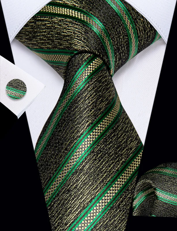 Best tie for business professionals-YourTies Green Yellow Striped Men's Necktie Pocket Square Cufflinks Set