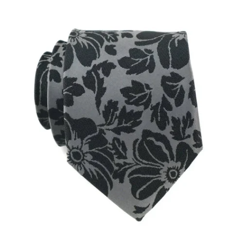 Men's tie with floral embroidery for weddings-Classy Men Grey Black Floral Silk Tie