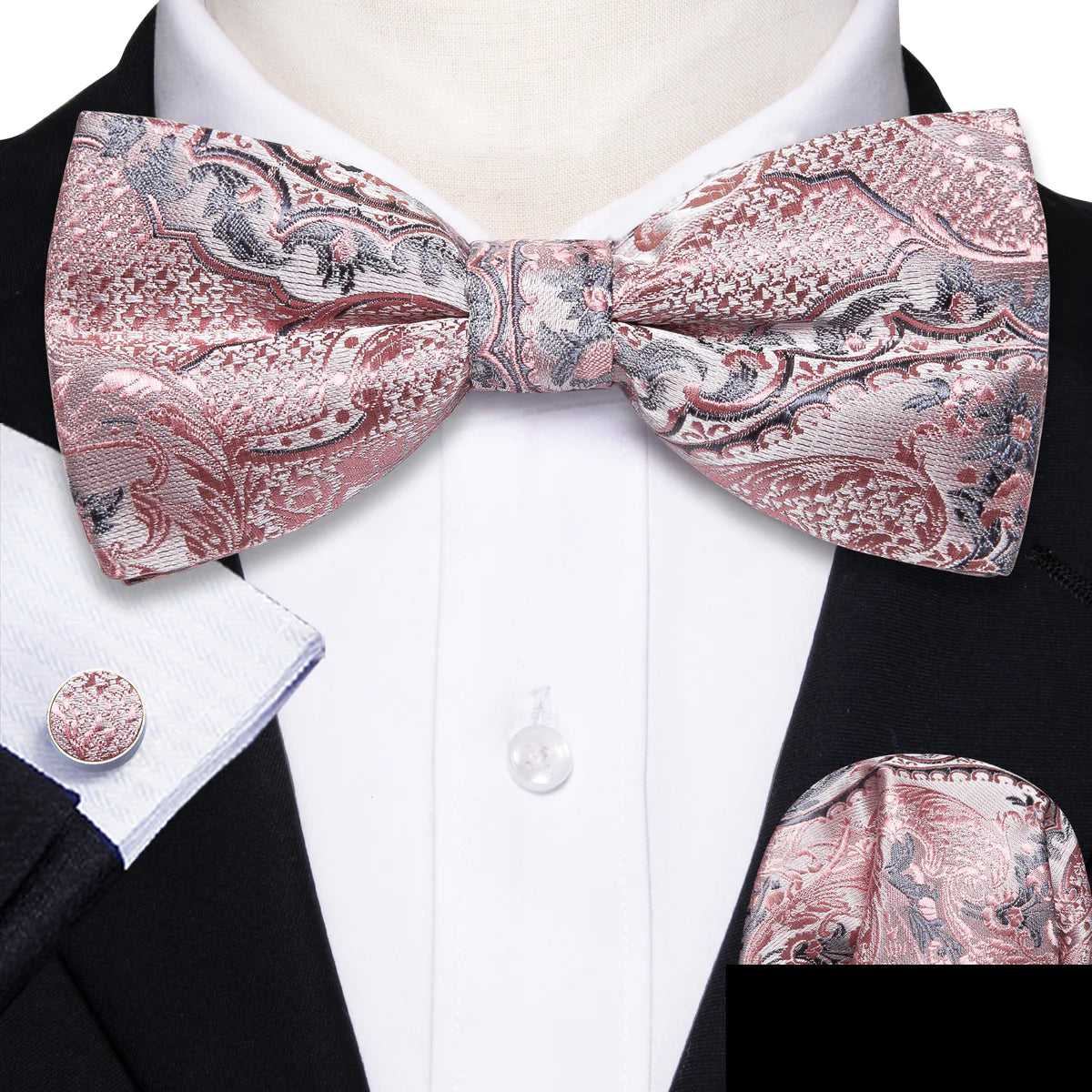 Men's silk tie with bold patterns for weddings-Grey Pink Paisley Pre-tied Bow Tie Pocket Square Cufflinks Set