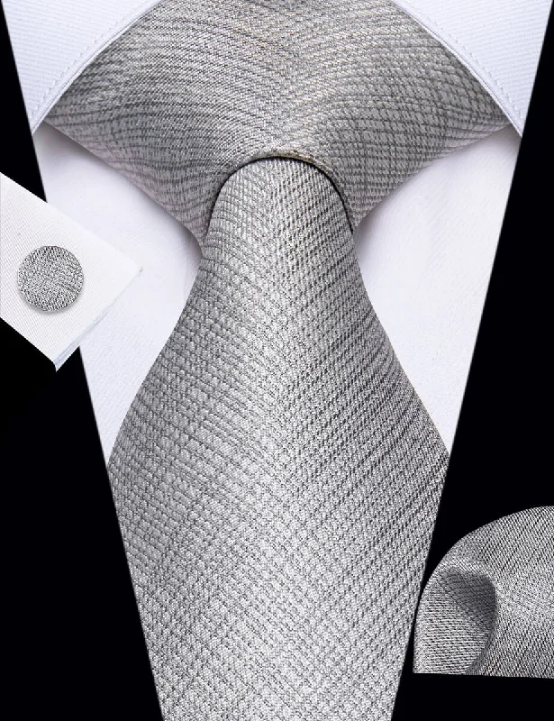 Men's tie with warm color tones for fall-YourTies Grey Tie Plaid Men's Necktie Pocket Square Cufflinks Set