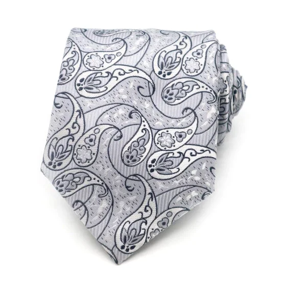 Men's tie with checkered pattern for formal wear-Classy Men Grey White Paisley Silk Tie