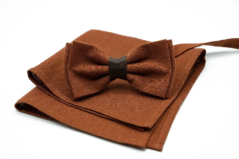 Classic men's tie for the holiday season-Handcrafted Terracotta Linen Bow Tie with Available Matching Handkerchief - Ideal for Men & Boys - Perfect for Weddings and Special Events