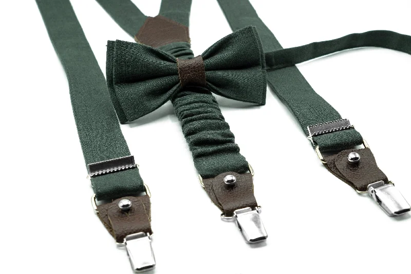 Designer tie with rich color palette-Hunter Green Bow Tie, Men's Leather Suspenders, Groomsmen Wedding Accessories, Bow Tie Suspenders for Boys, Toddlers