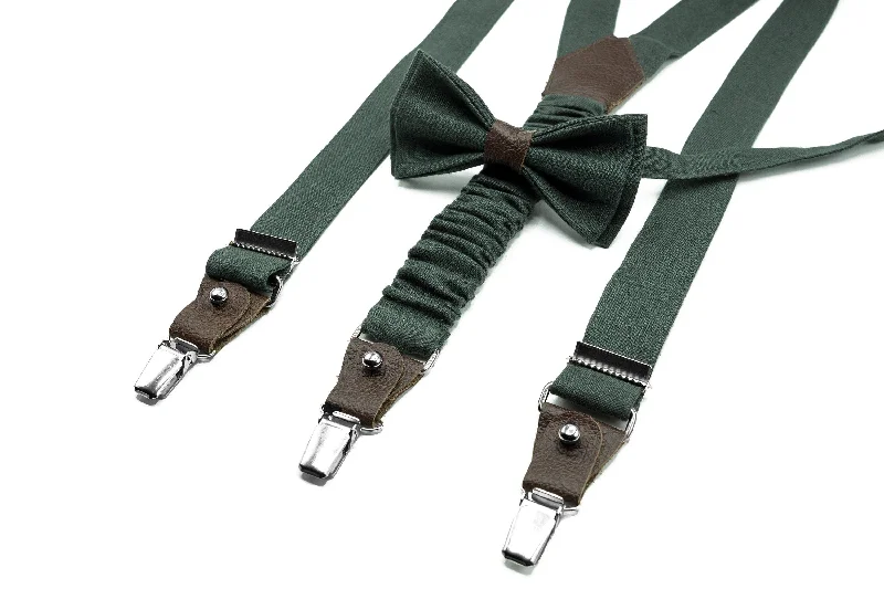 Best men's silk necktie for interviews-Hunter Green Bow Tie & Suspender Set - Ideal for Men, Boys, Toddlers at Weddings & Events