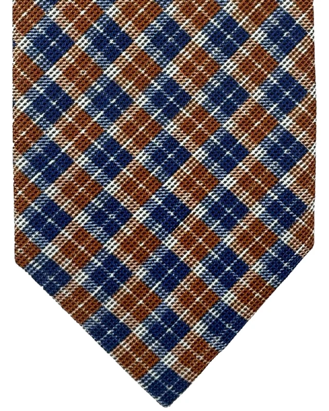 Classic men's silk tie with subtle design-Isaia Tie Brown Royal Blue Plaid Design - Sevenfold Cotton Silk Necktie