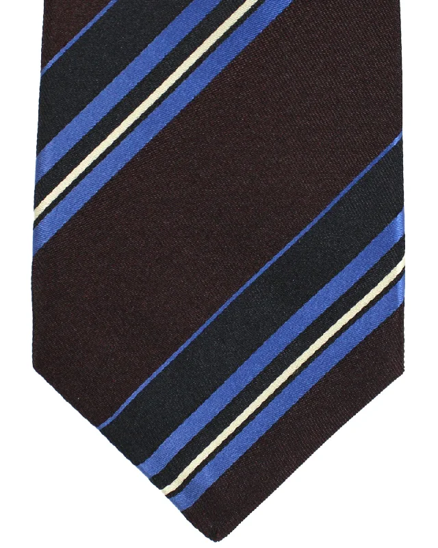 Modern men's tie with graphic print-Kiton Silk Tie Brown Royal Blue Stripes Design - Sevenfold Necktie SALE