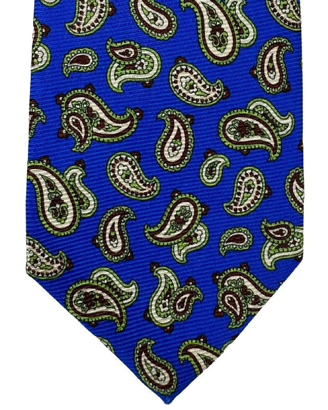 Stylish silk tie for dinner parties-Kiton Tie Royal Blue Green Brown Paisley - Sevenfold Necktie SALE