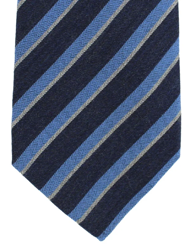 Men's tie with luxurious satin finish-Kiton Wool Sevenfold Tie Navy Blue Stripes