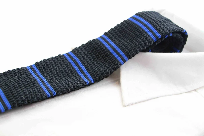 Best tie for men's corporate events-Knitted Black & Royal Blue Striped Patterned Neck Tie