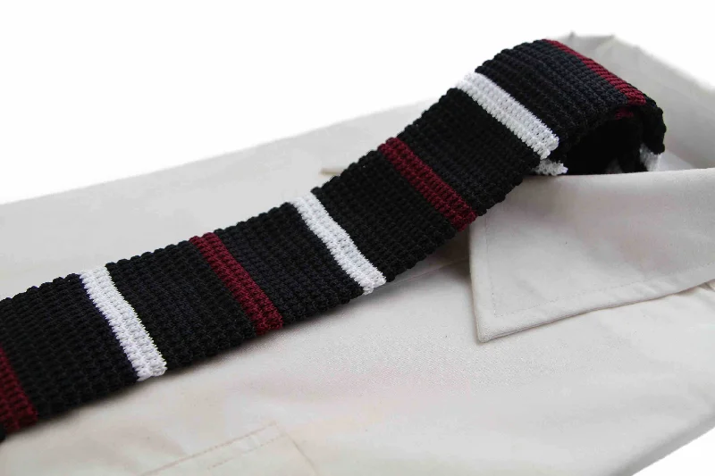 Classic red men's tie-Knitted Black, White & Maroon Striped Patterned Neck Tie