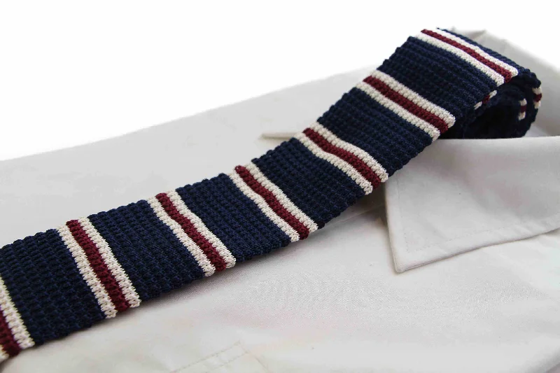 Men's tie for evening formal wear-Knitted Navy, Latte & Maroon Striped Patterned Neck Tie