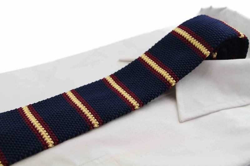 Stylish tie for young professionals-Knitted Navy, Yellow & Maroon Striped Patterned Neck Tie