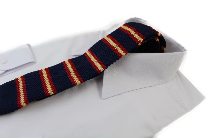 Classic tie with a modern twist-Knitted Navy, Yellow & Red Striped Patterned Neck Tie