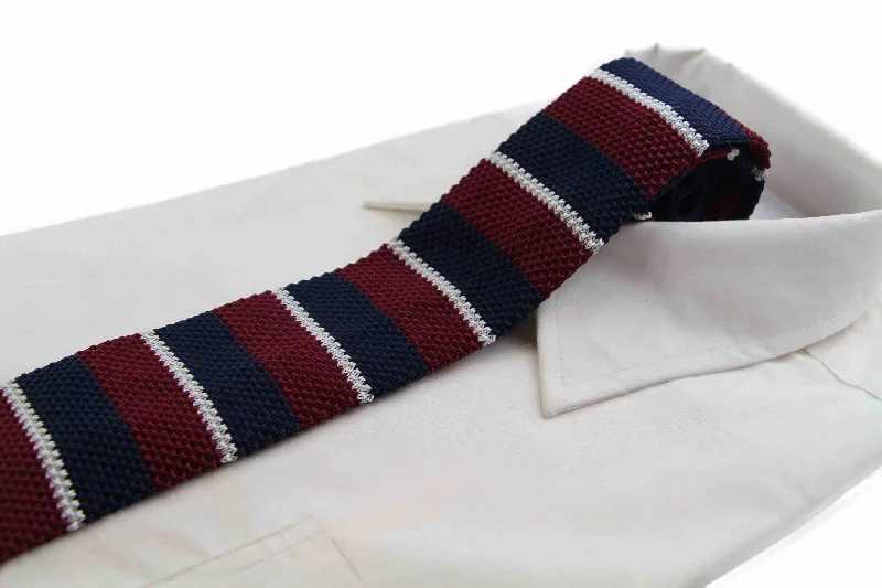 Men's tie for outdoor parties-Knitted Thick Maroon, Navy & Grey Striped Patterned Neck Tie