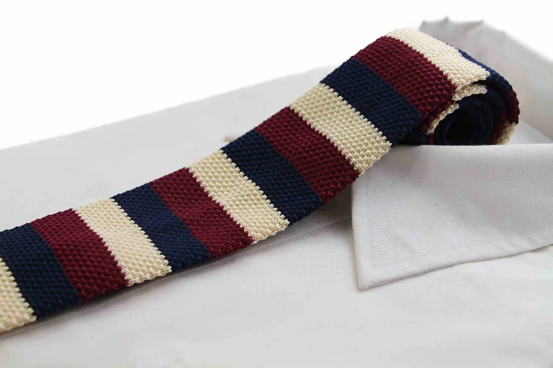 Luxury silk tie for special occasions-Knitted Thick Striped Navy, Latte &  Maroon Striped Patterned Neck Tie