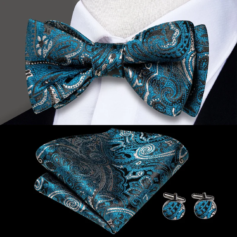 Men's tie with intricate jacquard design-Lake Blue Black Paisley Pre-tied Silk Bow Tie Pocket Square Cufflinks Set