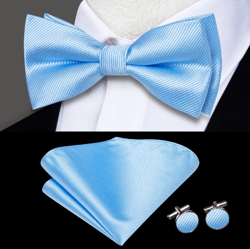 Men's tie for luxury weddings-Light Blue Striped Pre-tied Bow Tie Hanky Cufflinks Set-LH-2514